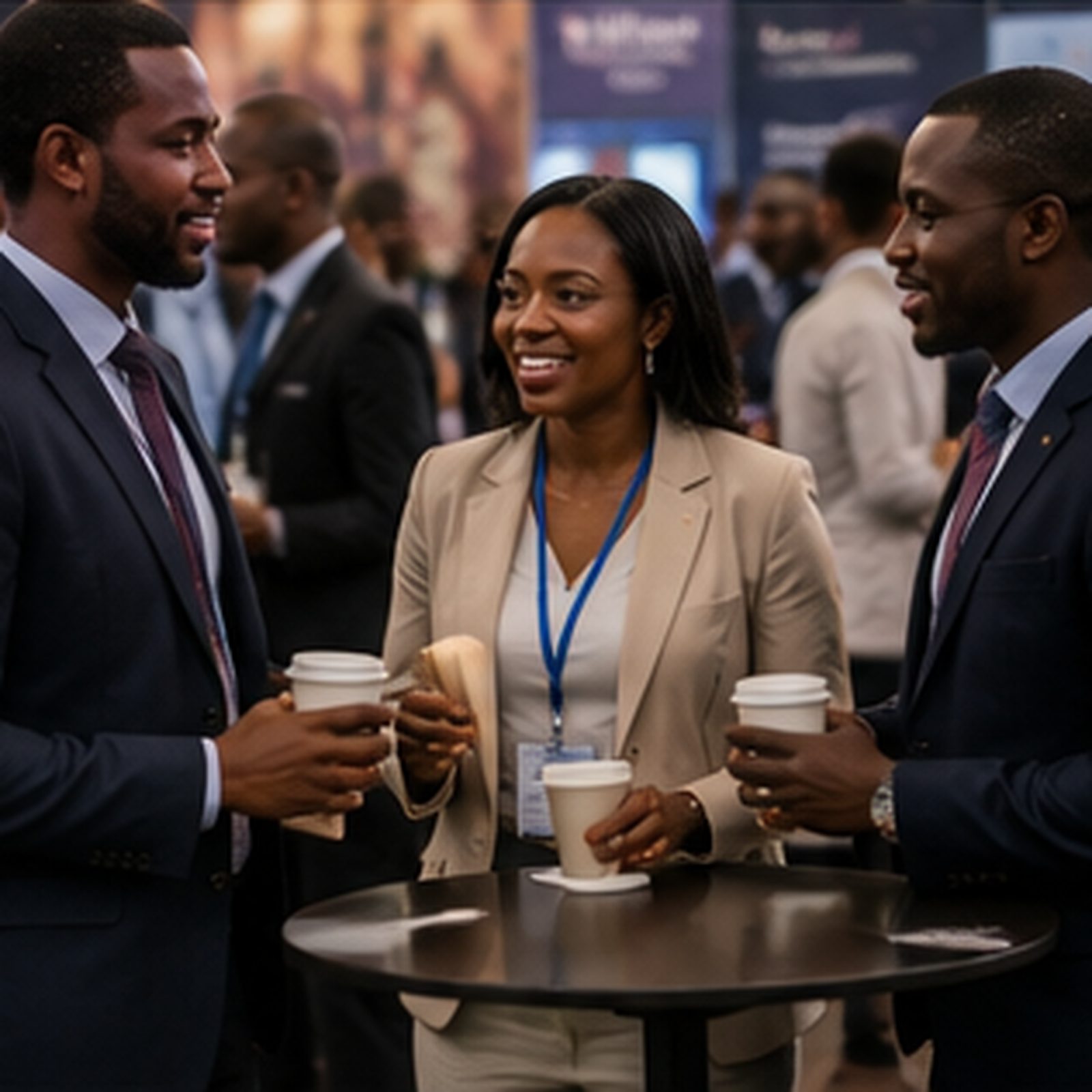 Professionals talking over coffee at a networking event, name badges visible