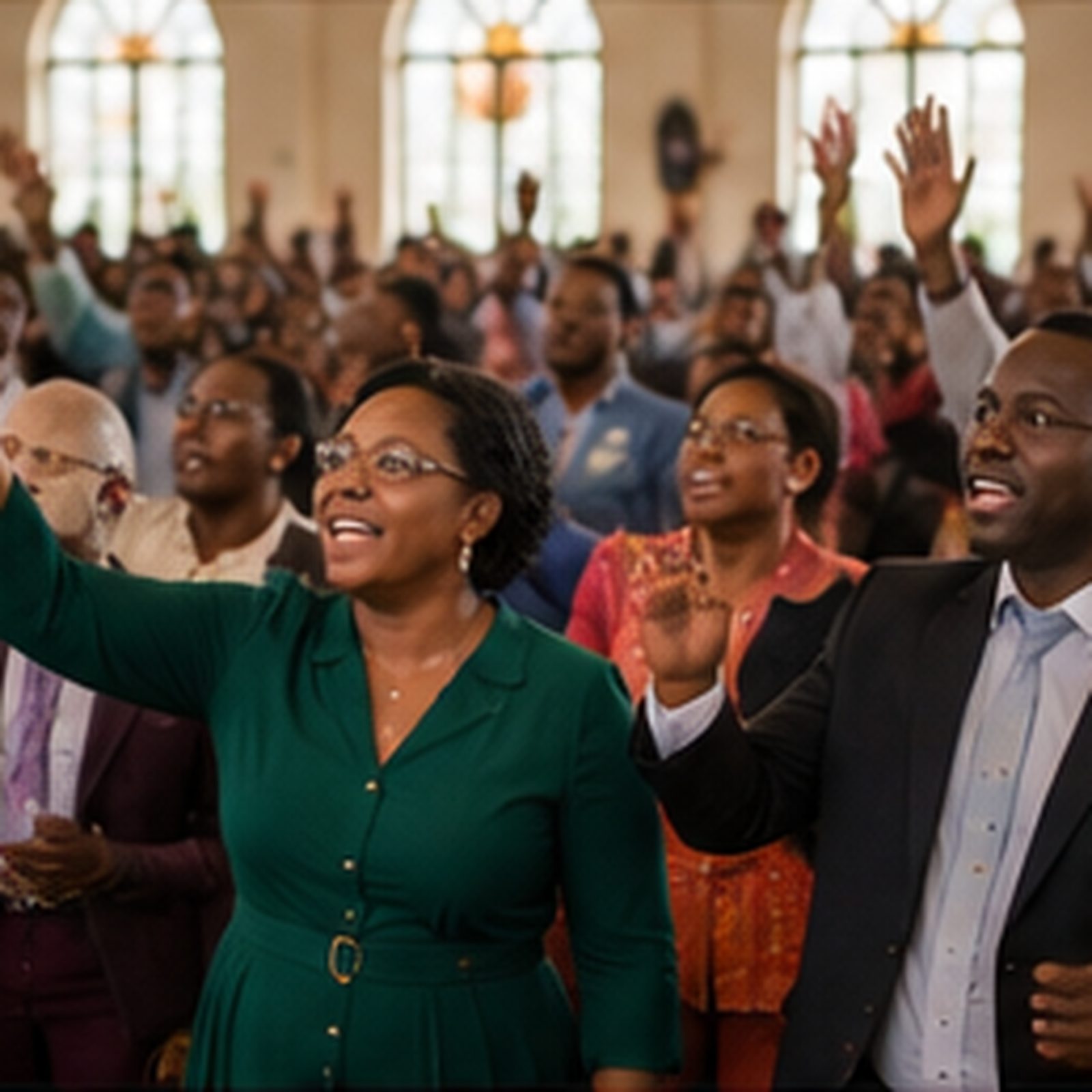 Congregation singing together in a bright church hall, hands raised