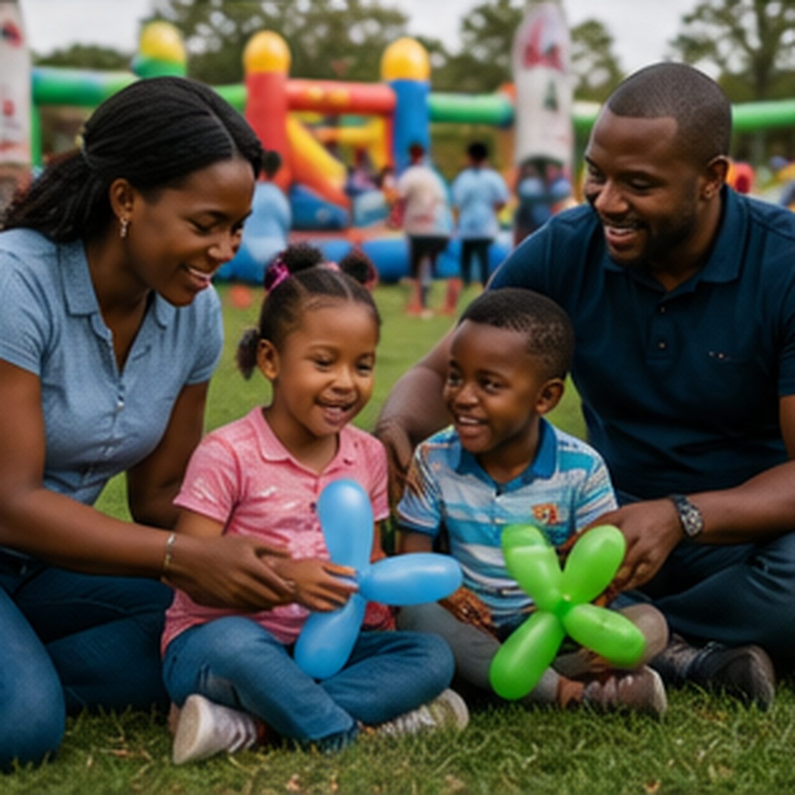 Parents and children laughing together at an outdoor family fun day