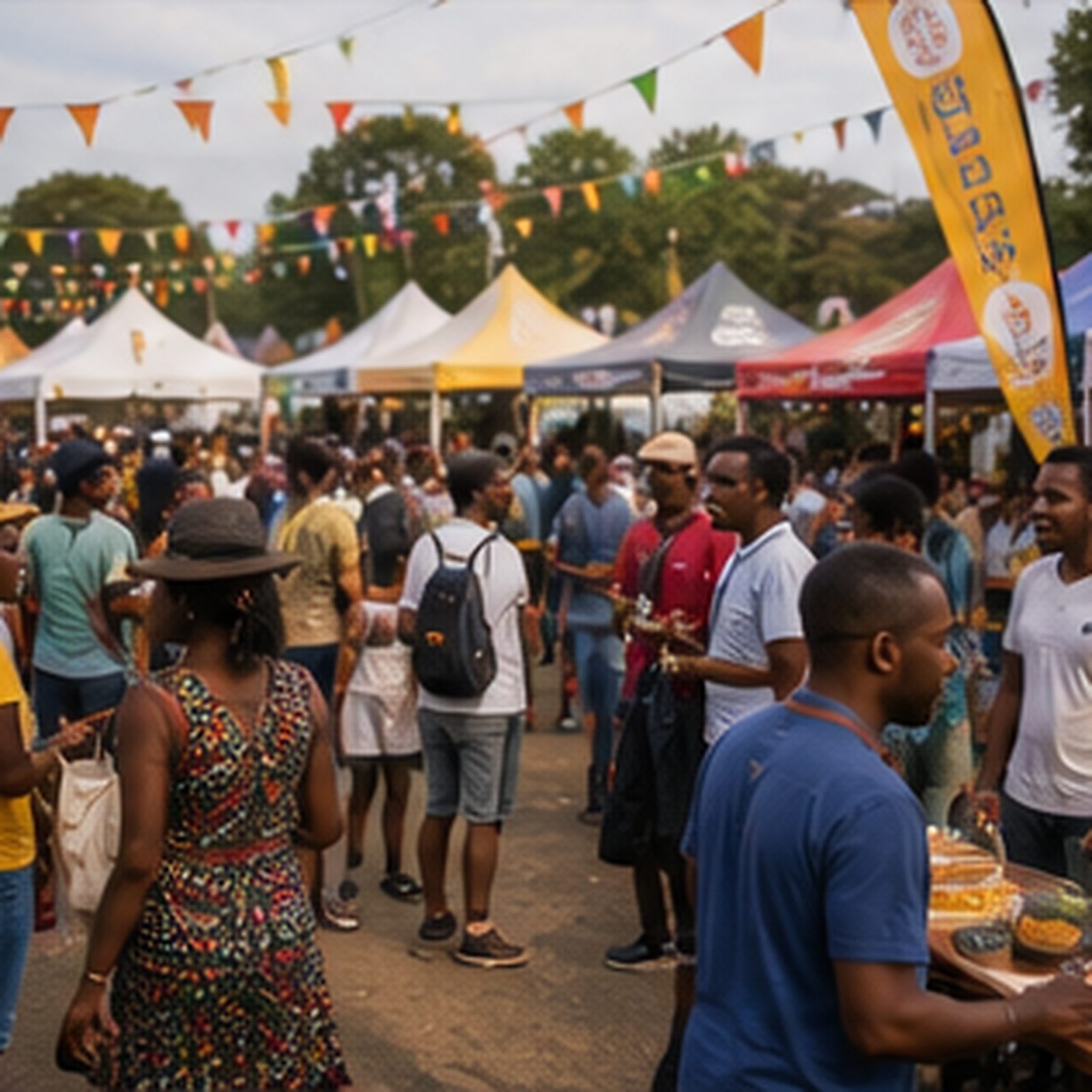 Daytime festival crowd between food stalls and craft tents under bright banners