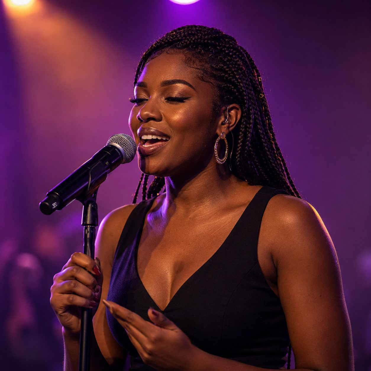 Musician singing into a microphone on stage, backlit in purple and gold