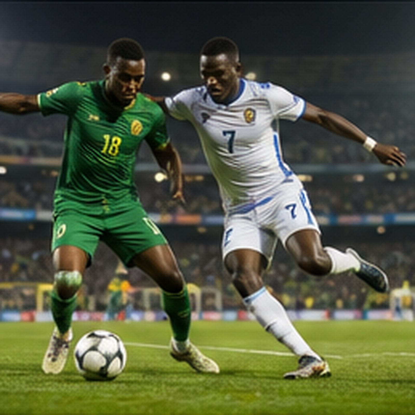 Footballers competing for the ball on a floodlit pitch with a full stand behind