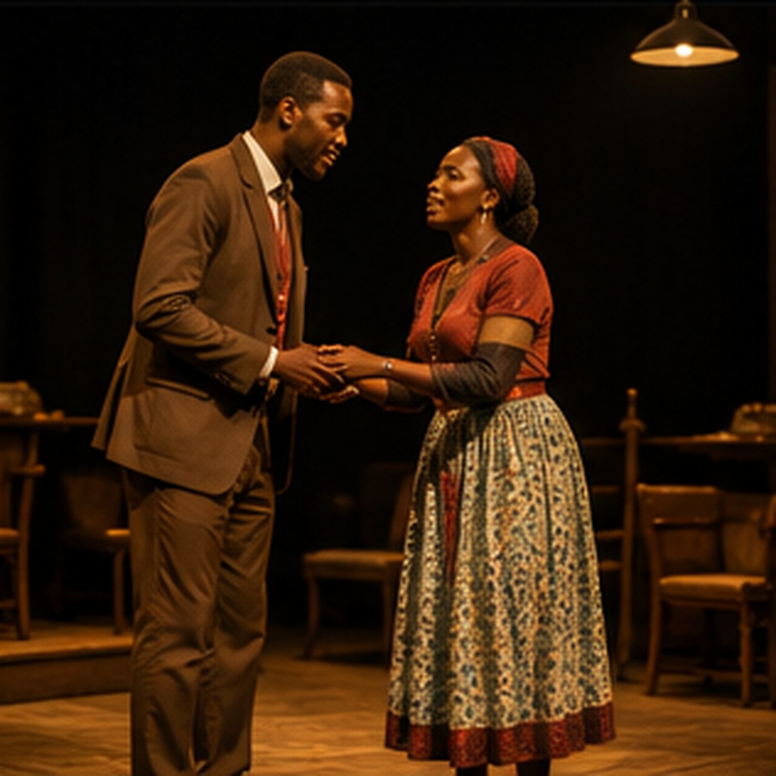 Two actors mid-scene on a small theatre stage under warm spotlights