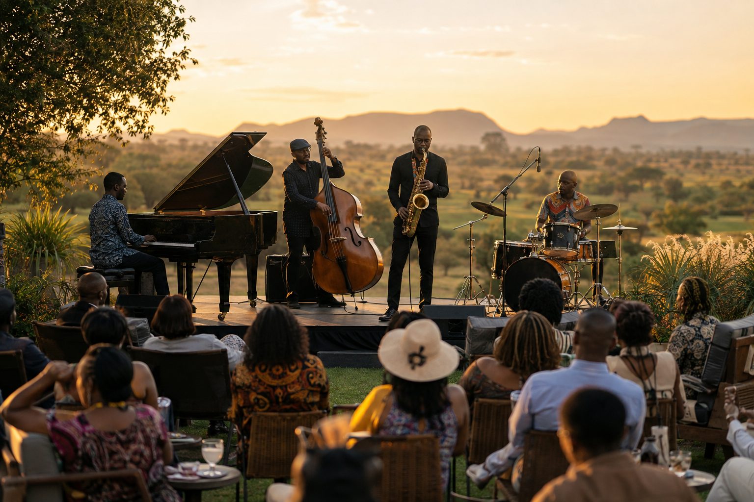 A jazz quartet playing on a small outdoor stage at golden hour with guests seated on the lawn