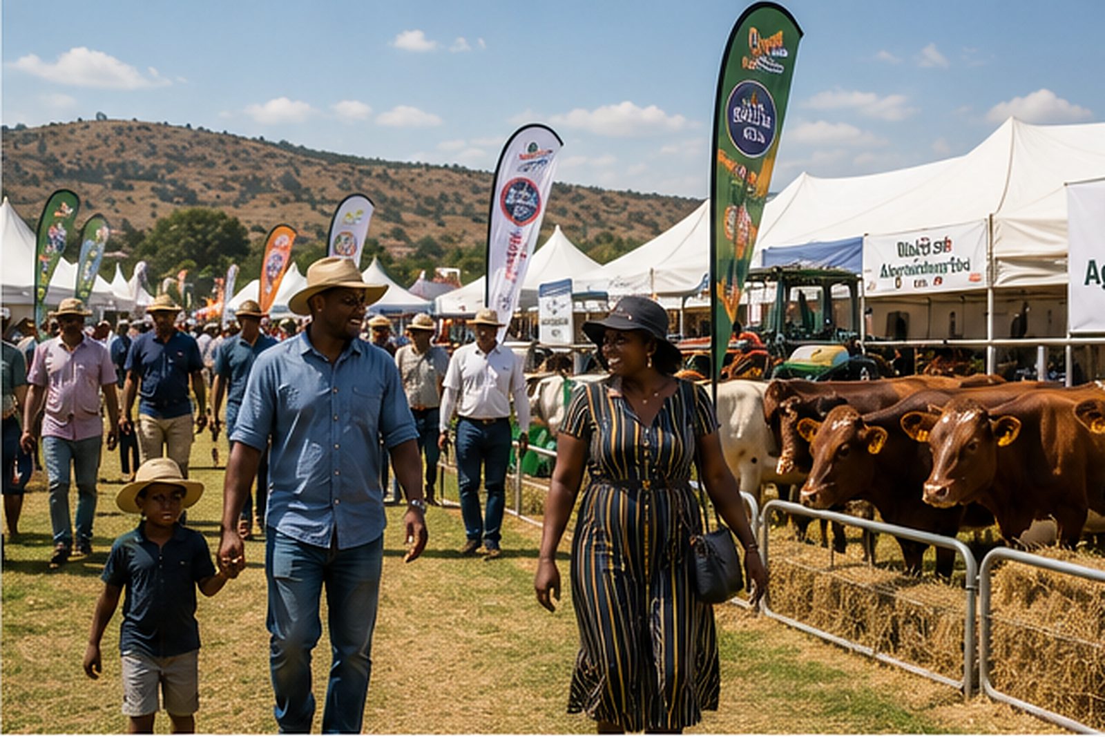 Families walking between agricultural show exhibits and livestock pens on a sunny day