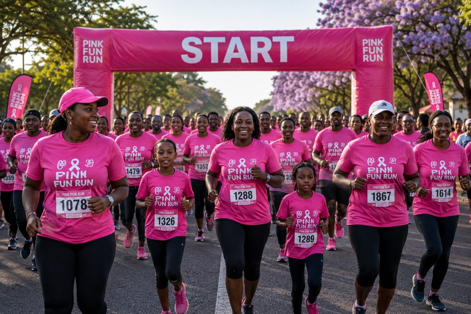 Runners in pink shirts setting off at a charity fun run on a tree-lined suburban road in early morning light