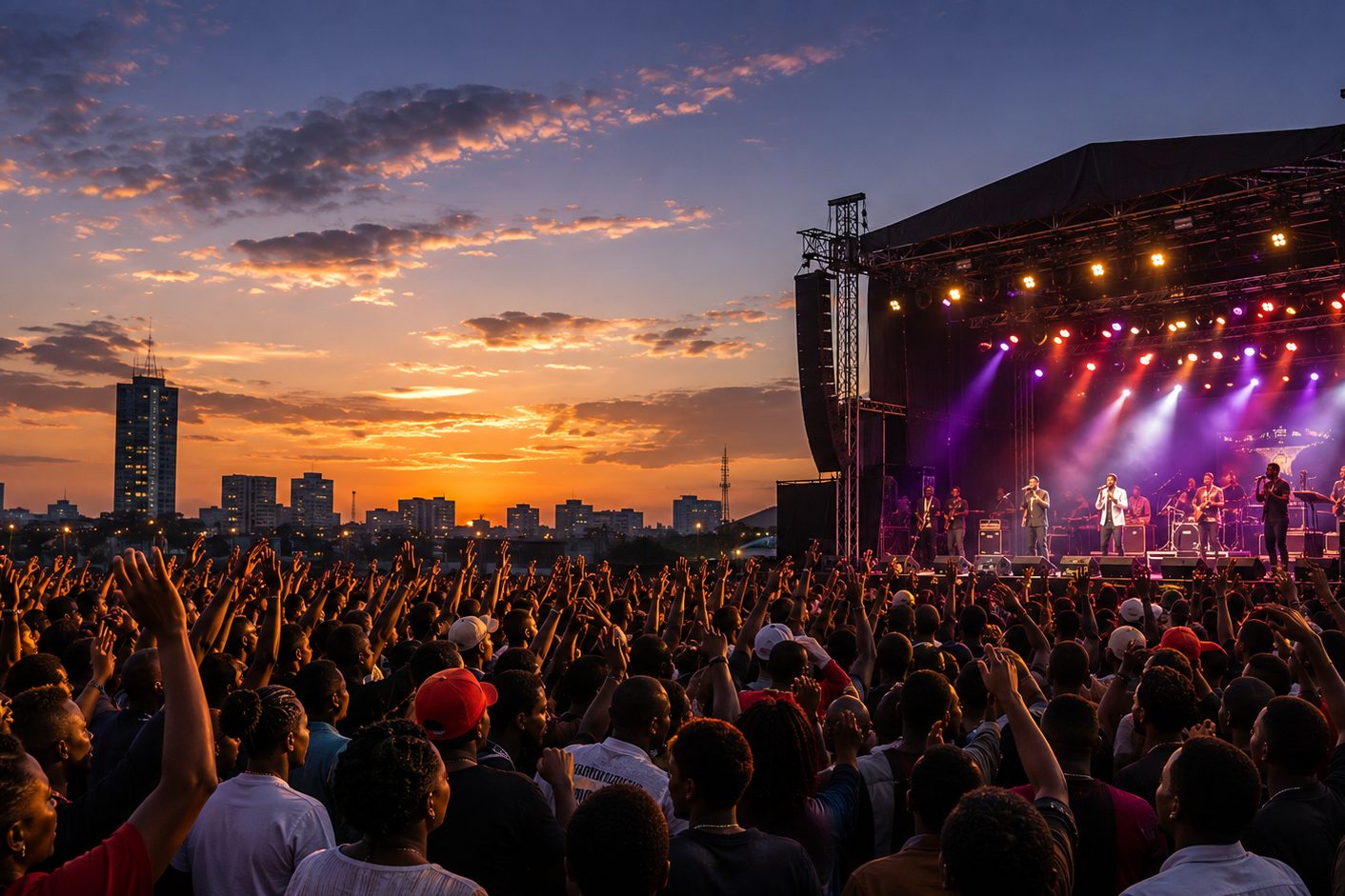 Wide evening view of a festival main stage with a large seated and standing crowd, string lights overhead and performers lit in colour