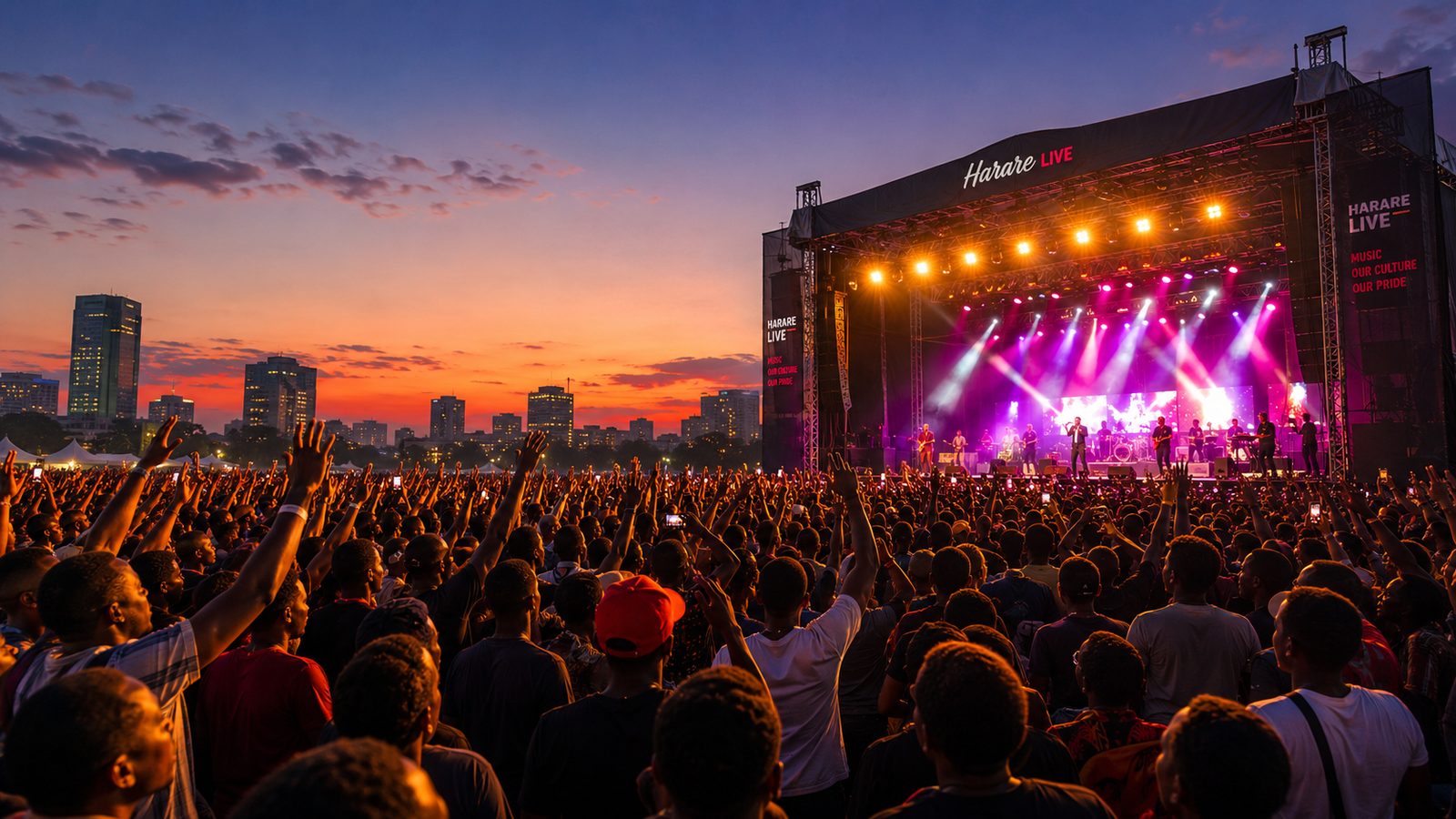 A packed crowd with hands raised at an outdoor live music concert in Harare at dusk, stage lights washing the audience in warm colour