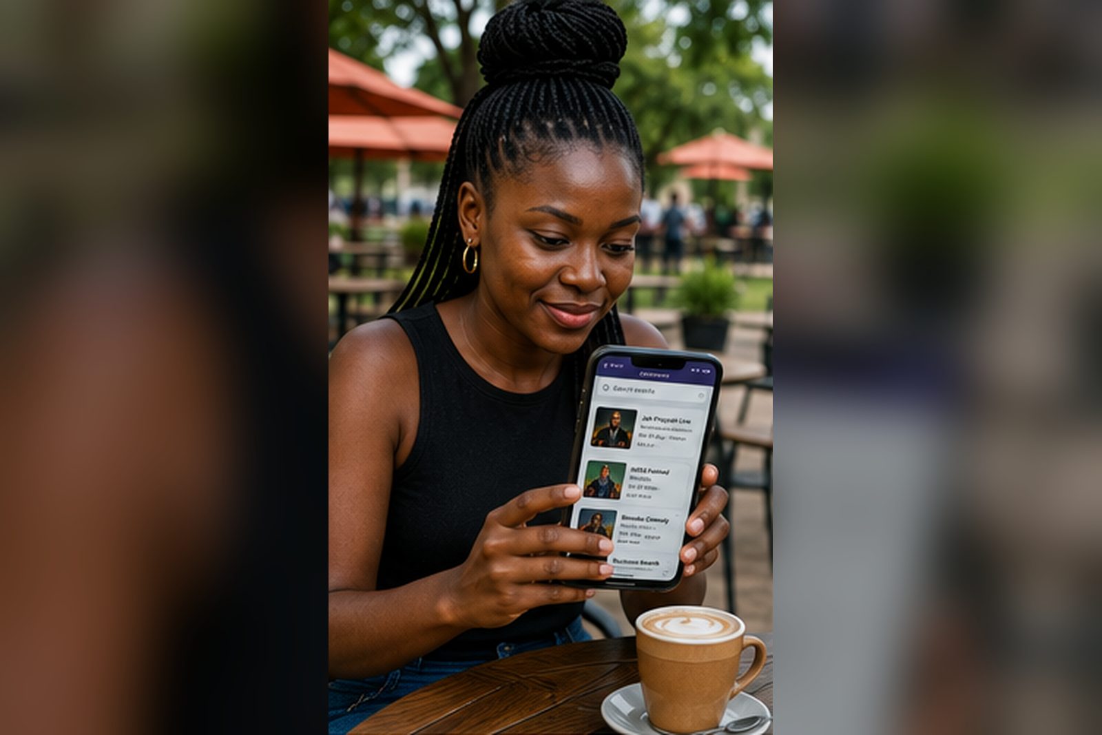 A young woman scrolling event listings on her phone while sitting at an outdoor cafe table