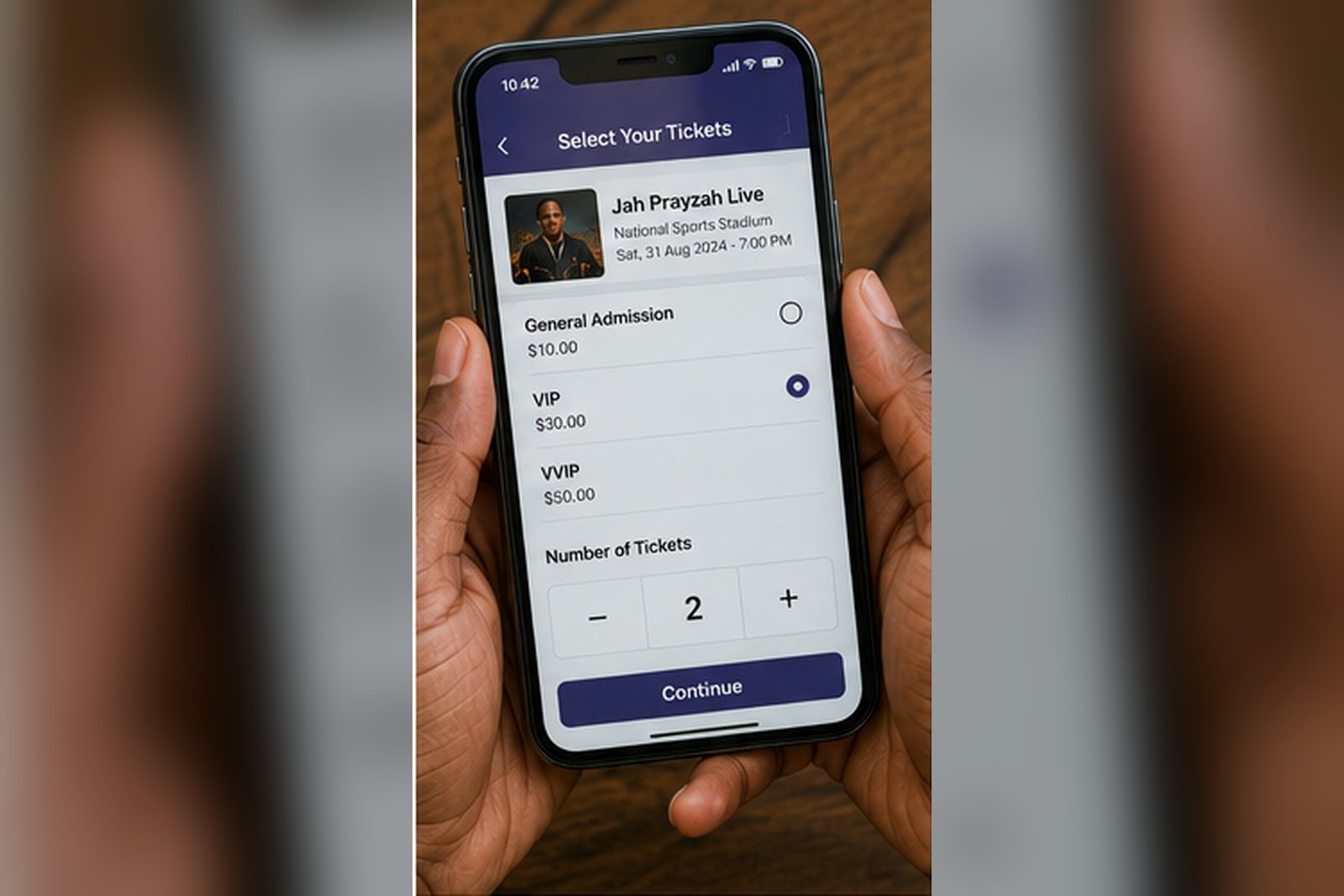 Close view of hands selecting a ticket tier on a smartphone screen