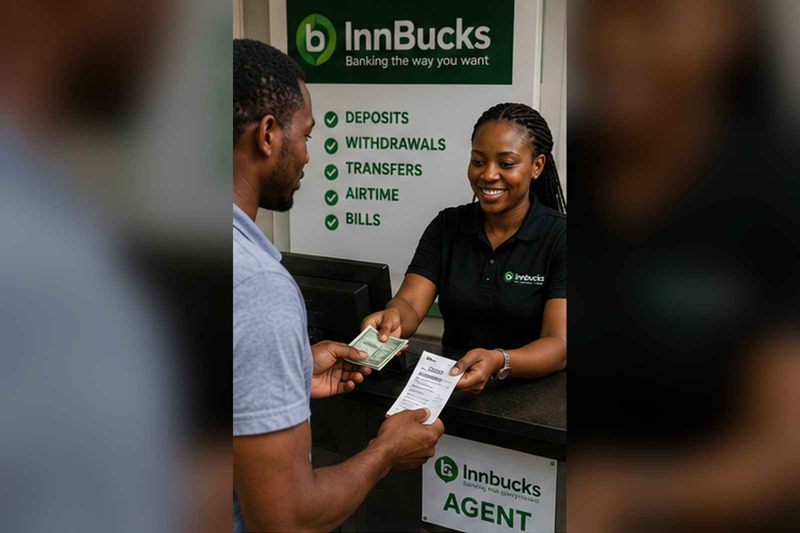 A customer paying cash to an InnBucks agent at a counter and receiving a printed slip