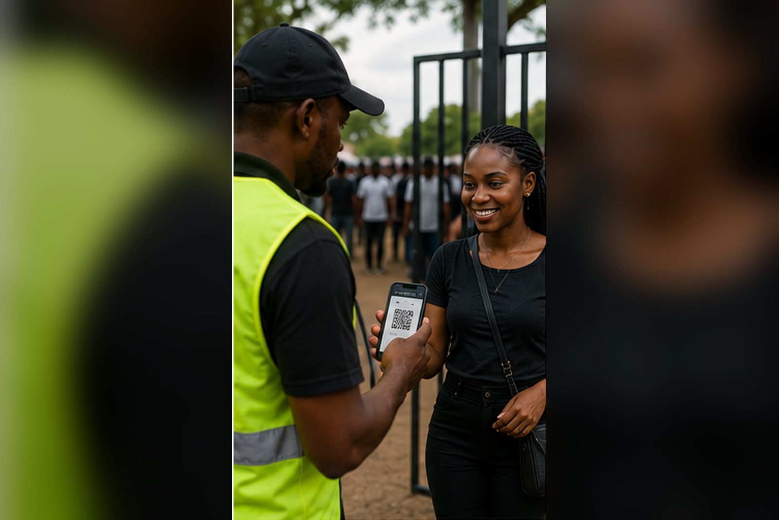 A steward scanning a QR code on an attendee's phone at a venue entrance gate