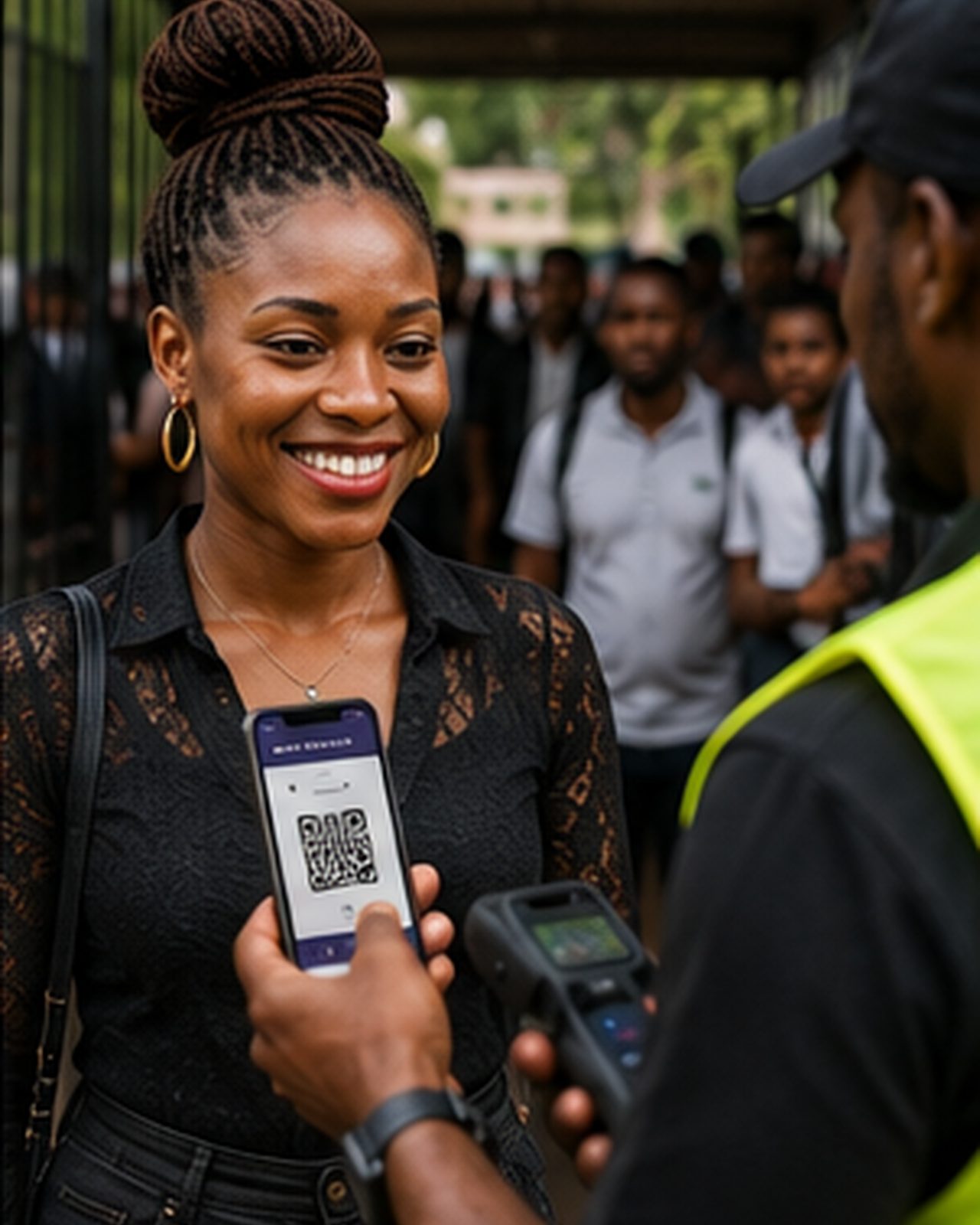 An attendee smiling as a gate steward scans the QR code on her phone at a venue entrance, other guests entering behind her
